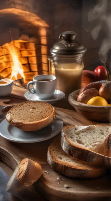 juicy broken bread, Coming out smoke on beautiful ultra detailed breakfast table, super detalalhadas textures photo realistic, foto promocional, hdr, adobe lightroom