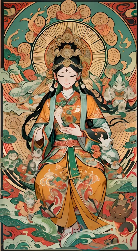 an ancient Chinese goddess, guanyin of the southern seas, Guanyin, Inspired by India, Avalokiteshvara rides an elephant，,Serene expression,shui mo hua,Buddha,Buddhist,Lotus,Chinese painting style,Thangka style