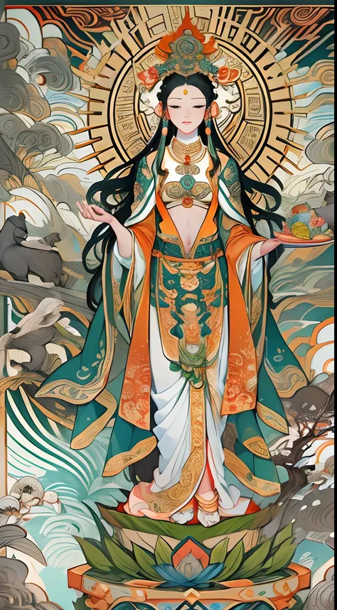 an ancient Chinese goddess, guanyin of the southern seas, Guanyin, Inspired by India, Avalokiteshvara rides an elephant，,Serene expression,shui mo hua,Buddha,Buddhist,Lotus,Chinese painting style,Thangka style