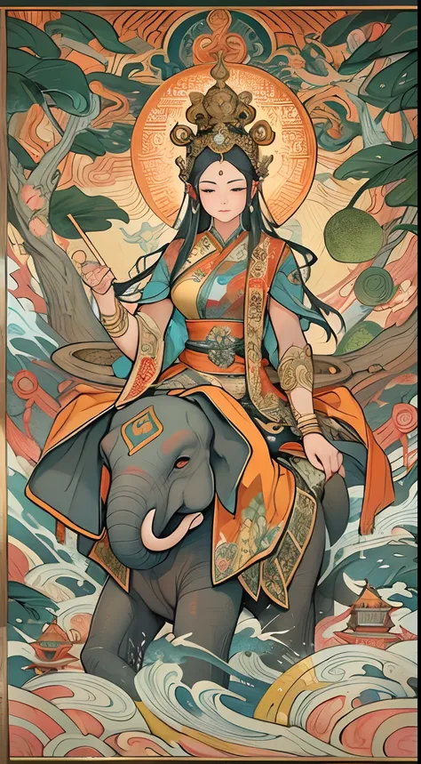 an ancient Chinese goddess, guanyin of the southern seas, Guanyin, Inspired by India, Avalokiteshvara rides an elephant，,Serene expression,shui mo hua,Buddha,Buddhist,Lotus,Chinese painting style,Thangka style