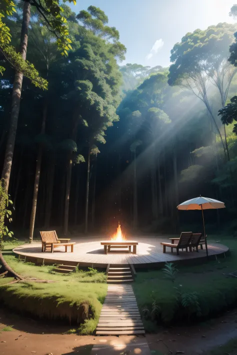 Create a realistic scenario with resolution for an environmental awareness project in the Amazon rainforest. The scenery is a magical place, onde a natureza se encontra com a criatividade humana. Na clareira, a majestic stage made of wood of the Ipê specie...