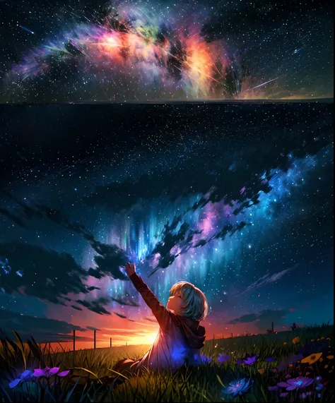 Describe a scene where a cute girl character is lying on a grassy hill, Looking up at the starry sky. Surround her with colorful nebulae and her favorite constellations.