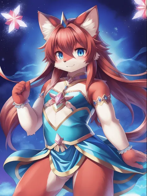 masterpiece, 1boy, Furry, kemono, furry cat, anthropomorphic, male, red fur, red skin, blue eyes, magical girl theme, long hair, revealing clothes, magical girl outfit, blue magical girl dress, femboy, sexy pose, uploaded on e621,