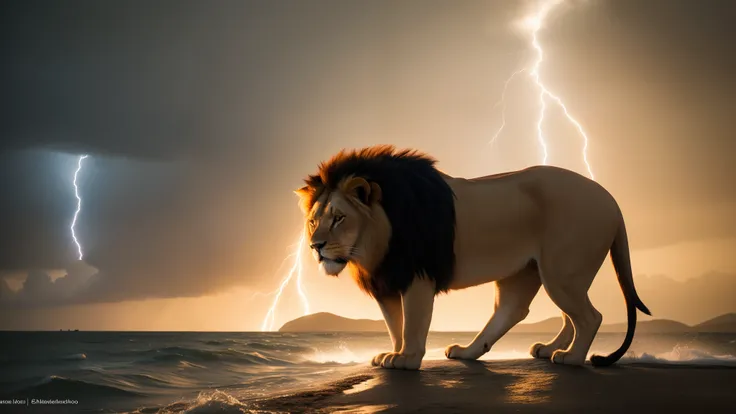 "Ultra realistic image of a majestic lion facing a raging storm. The lion is standing against a backdrop of torrential rain, where thick raindrops cascade around him. The dark, stormy sky is illuminated by intense lightning and lightning, as the wind viole...