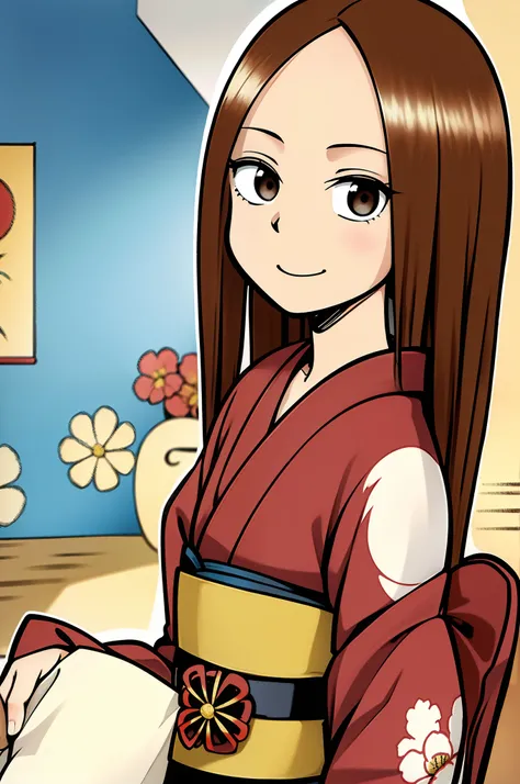 masterpiece, best quality, TakagiSanFirstVersion, 1girl, solo, looking at viewer, serious, smile, brown hair, shirt, brown eyes, parted bangs, forehead, standing, jaggy lines, single hair bun, japanese clothes , kimono , looking at viewer, (white kimono:1....