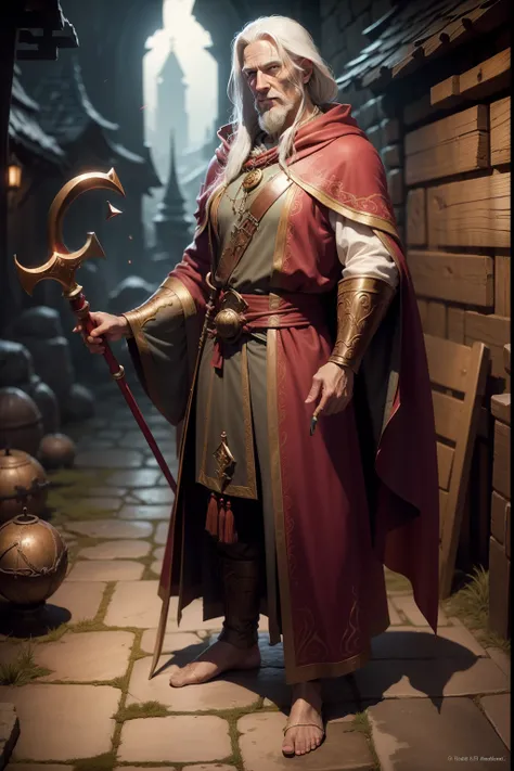 Wizard Elminster in red bathrobe and a staff, da cintura pra cima, behind him the town of Baldurs Gate, dungeons & dragons