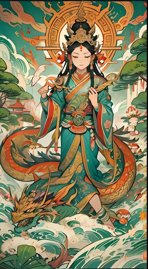 an ancient Chinese goddess, guanyin of the southern seas, Guanyin, Inspired by India, Avalokiteshvara rides a dragon，,Serene expression,shui mo hua,Buddha,Buddhist,Lotus,Chinese painting style,Thangka style