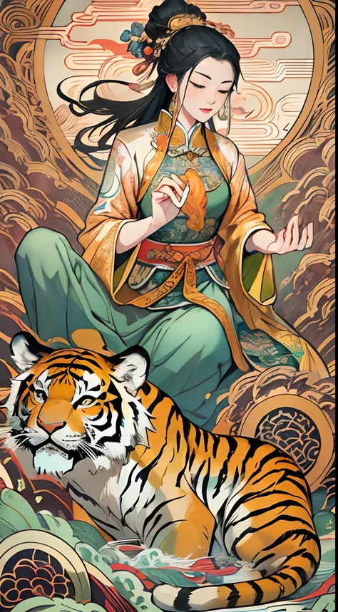 an ancient Chinese goddess, guanyin of the southern seas, Guanyin, Inspired by India, Avalokiteshvara rides a tiger，,Serene expression,shui mo hua,Buddha,Buddhist,Lotus,Chinese painting style,Thangka style