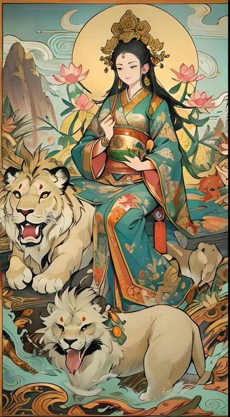 an ancient Chinese goddess, guanyin of the southern seas, Guanyin, Inspired by India, Avalokiteshvara rides a lion，,Serene expression,shui mo hua,Buddha,Buddhist,Lotus,Chinese painting style,Thangka style