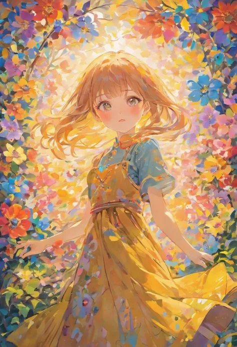 A girl with beautiful detailed eyes and lips, surrounded by colorful flowers in a garden. The girl is wearing a flowing dress and her hair is gently swaying in the breeze. The vibrant colors of the flowers and the girls dress create a lively and energetic ...