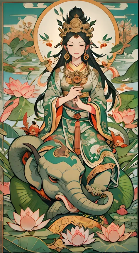 an ancient Chinese goddess, guanyin of the southern seas, Guanyin, Inspired by India, Avalokiteshvara rides an elephant，,Serene expression,shui mo hua,Buddha,Buddhist,Lotus,Chinese painting style,Thangka style