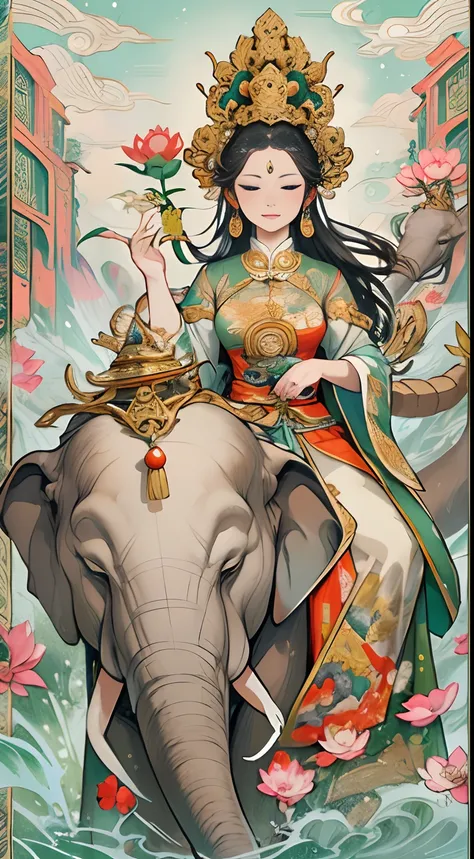 an ancient Chinese goddess, guanyin of the southern seas, Guanyin, Inspired by India, Avalokiteshvara rides an elephant，,Serene expression,shui mo hua,Buddha,Buddhist,Lotus,Chinese painting style,Thangka style