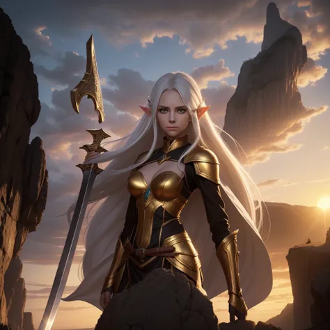 1 tall elf woman, with beautiful white hair, best quality, (beauty), narrow waist, thin, big eyes, long legs, (small breasts), swollen eyes, facing the cliff, late afternoon, (sunset), facing the viewer, fighting posture, (holding a sword and shield), a co...