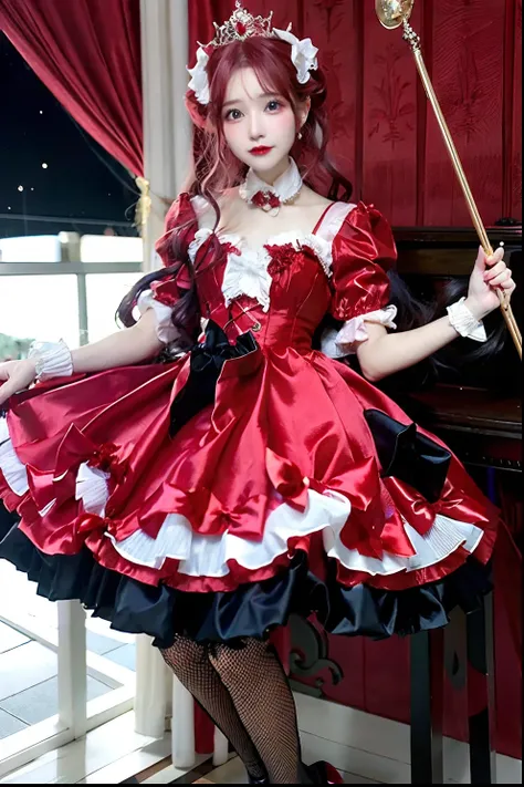 arafe in red satin dress and crown with cane, fantasy dress, magical dress, dreamy style, very magical and dreamy, lolita fashio...