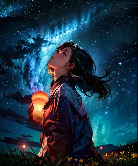 Describe a scene where a cute girl character is lying on a grassy hill, Looking up at the starry sky. Surround her with colorful nebulae and her favorite constellations.