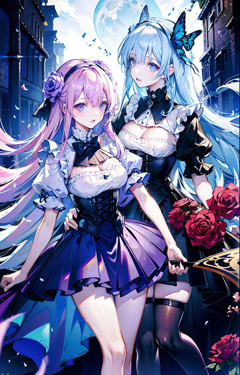 ((On the streets of the Middle Ages，2 girls，Twin sisters))，silber hair，butterflys，long whitr hair，8k wallpaper，detailedbackground，Highest high resolution，deep v big breasts，Hair over eyes，Bandeau，Purple roses，tight-fitting，themoon，stocklings，