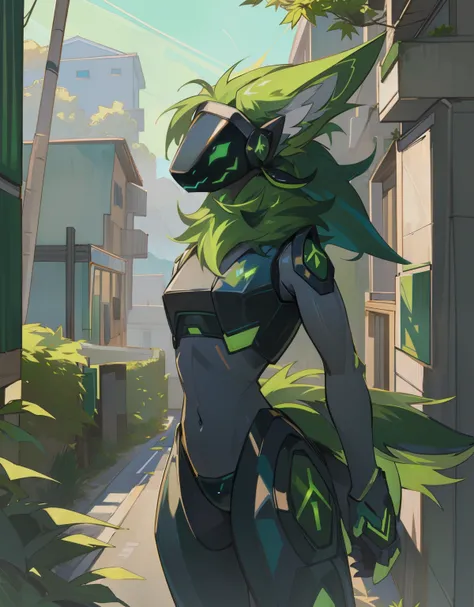 (highly detailed illustration:1.2), best quality, masterpiece, solo, natural lighting, protogen, (protogen face:1.1), (protogen visor:1.1), tail, torso, green eyes, glossy green fur, glossy green hair, gray fur, 13 inch dick, standing, sidewalk, winding ro...