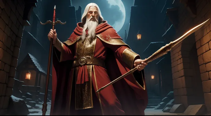 Wizard Elminster in red bathrobe and a staff, da cintura pra cima, behind him the town of Baldurs Gate, dungeons & dragons