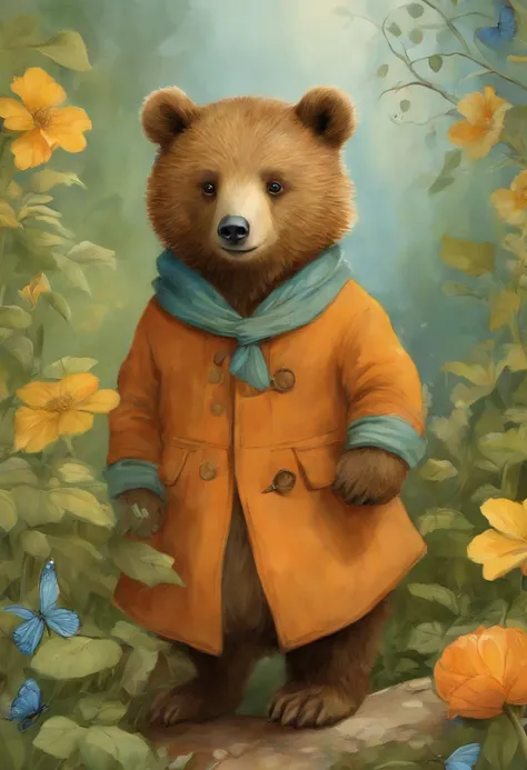 comic book style, Painted in vivid watercolor, Bipedal brown bear, Cute clothes, green colored eyes, an orange, BLUE. amarelo, ighly detailed, ighly detailed, ​masterpiece, Fairy tale background, Wonderland, Dynamic colors, Light of a fairy tale, Beatrix P...