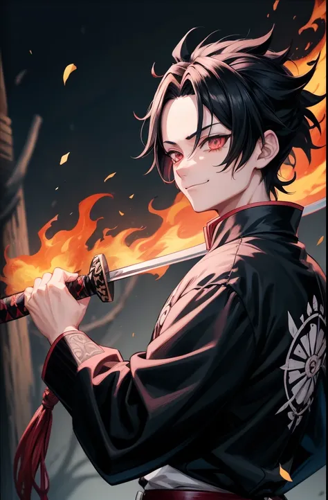 black, dark eyes, kimetsu no yaiba art style, calm look, katana in hand, breathing of flames, clothing style kimetsu no yaiba, fire around him, fire on his katana, smile, hair down