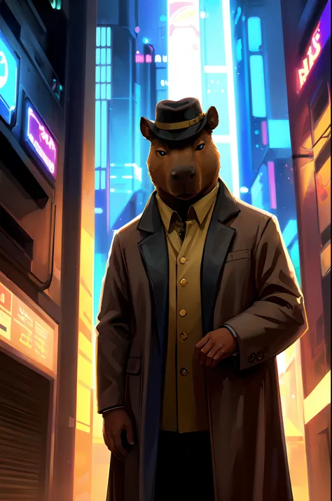 (anime), fofo, (sozinho:1.3); caverna, cavepomorphic humanoid capybara, bipedal capybara, rechonchudo, he's a detective, wearing...