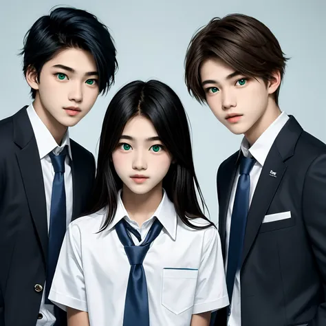 male teenagers triplets, black hair, green-blue eyes, 17 years old, using a school uniform