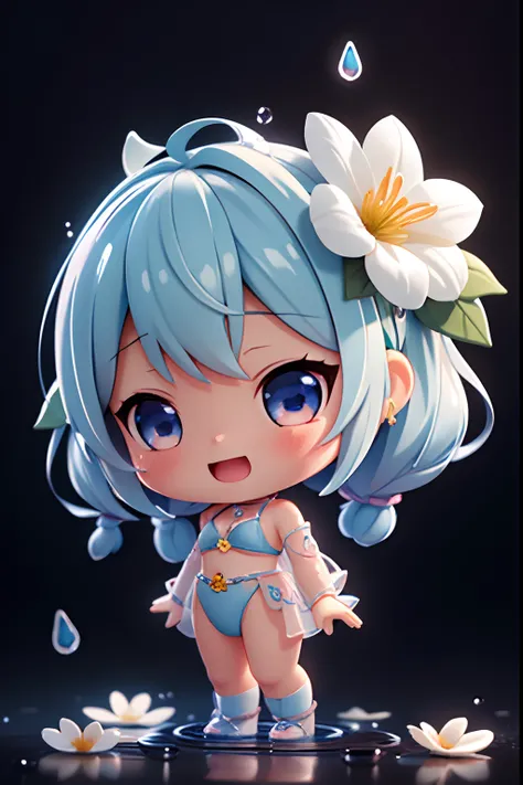 photoRealstic、Doll standing in front of the painting（nendroid）、Water droplets on the cheeks、Happy singing face、Sengai、pixiv、rokoko、dollfie dream、watercolor Nendoroid、(High Definition Figure)、Flowing iridescent silk、up of face、Eye Up、Bikini swimwear（with fl...