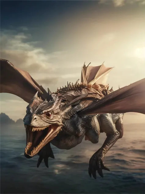 Close-up of a dragon flying over a body of water, dragon flying in the background, realistic lifelike dragon, drogon, Dragon Flying, epic dragon, A dragon, dragons flying in the sky, dragons flying in the sky, Dragon in the background, Hiryu, firebreathing...