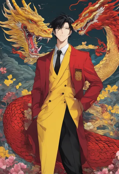 Um olho vermelho o outro amarelo, black overcoat black pants, will be of the dragon race, com asas e chifre em cor de vinho