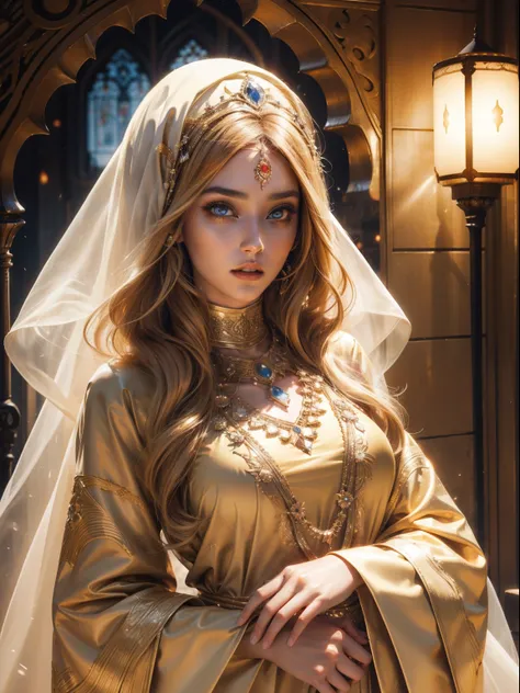 Very Beautiful princesse glowing eyes face portrait zoom sexy face sexy eyes crystal clear bright eyes blond hair long islamic caftan marocain wear style hyper realistic super detailed Dynamic shot master piece scene