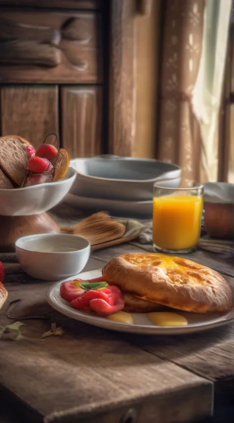 rustic breakfast, textura detalhada, hdr foto realistico, cinematic, iluminado, adobe lightroom