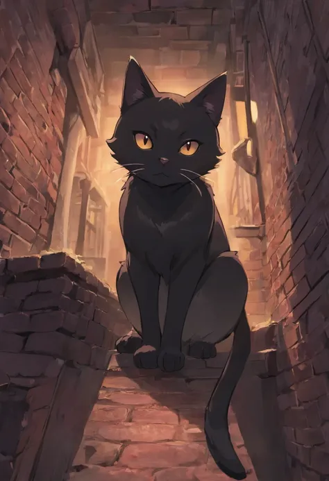 create a very black cat illustration, lineart style, solid colors, vector style, cartoon style, black cat lying on top of brick wall, cats tail up, vibrant colors, night scenes, --ar 9:16