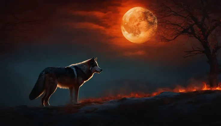 "A lone wolf under the full moon on fire"