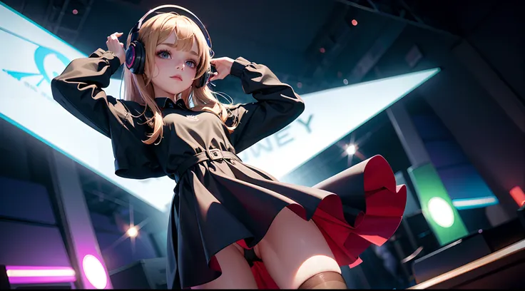 beautiful girl, 13 years old, Tiny dress, dark tights, listening to music on headphones, musical lyrics around her head, hyper-realistic, best quality, very high resolution, 8k, HDR