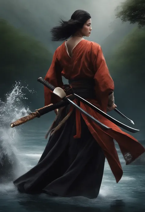 (Morte jogo homem vs mulher).Close-up of a samurai cutting water with his katana,cabelo preto longo com uma cicatriz na testa de um corte,homem adulto bonito,barba curta,Appreciation of shovels and tranquility flowing like water,Mestre com a Espada,Samurai...