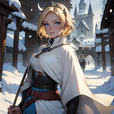 Viking Princess. Beautiful Short Blonde Hair. Medieval art. Snowy Background