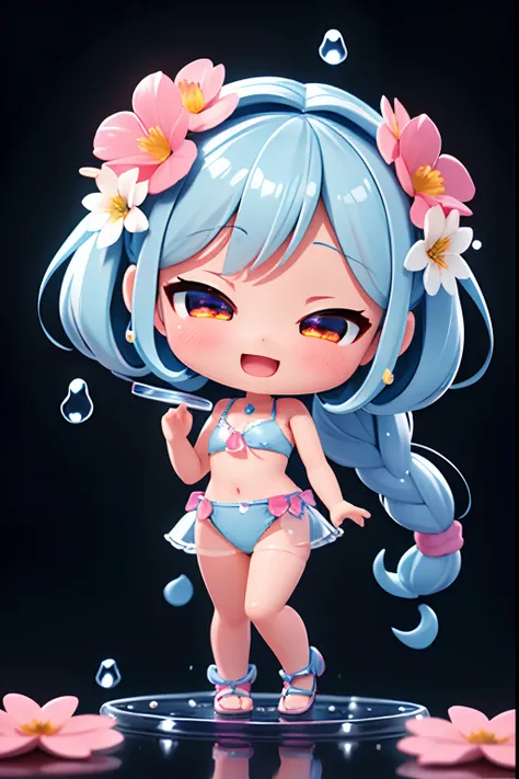 photoRealstic、Doll standing in front of the painting（nendroid）、Water droplets on the cheeks、Happy singing face、Sengai、pixiv、rokoko、dollfie dream、watercolor Nendoroid、(High Definition Figure)、Flowing iridescent silk、up of face、Eye Up、Bikini swimwear（with fl...