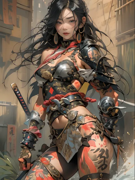 (((woman))), (((best qualityer))), (((tmasterpiece))), (((AS-Adult))), ((( Japanese ))), Look up from your knees, A beautiful asian samurai woman with perfect body, Modern samurai, ((( Asian))), Wear gloves on your hands，The left arm is made of steel and m...