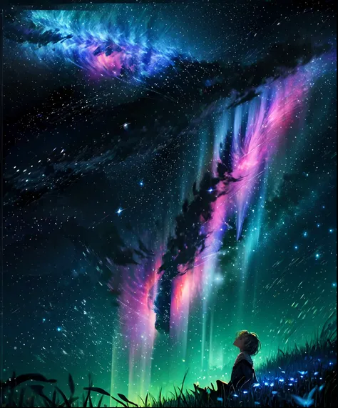 Describe a scene where a cute girl character is lying on a grassy hill, Looking up at the starry sky. Surround her with colorful nebulae and her favorite constellations.