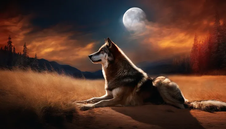 "A lone wolf under the full moon on fire"