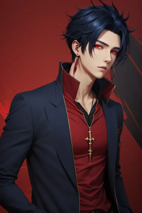 male anime character, Red eyes, Black hair, Long blue hourglass earrings, Blue, Clothes in red and black tones, Male