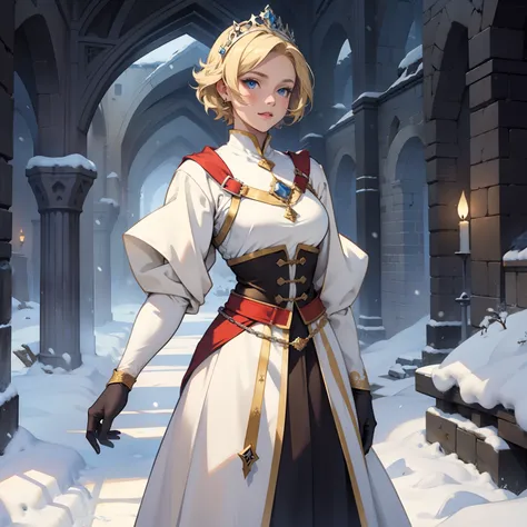 Princess. Beautiful Short Blonde Hair. Medieval art. Snowy Background