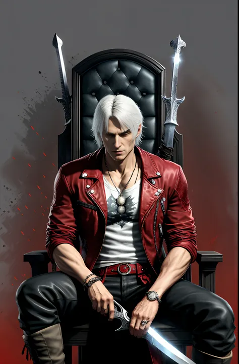 raised evil eyebrow and eyes, mature old aged dante from devil may cry with long white hair wearing long red dante jacket, sitti...