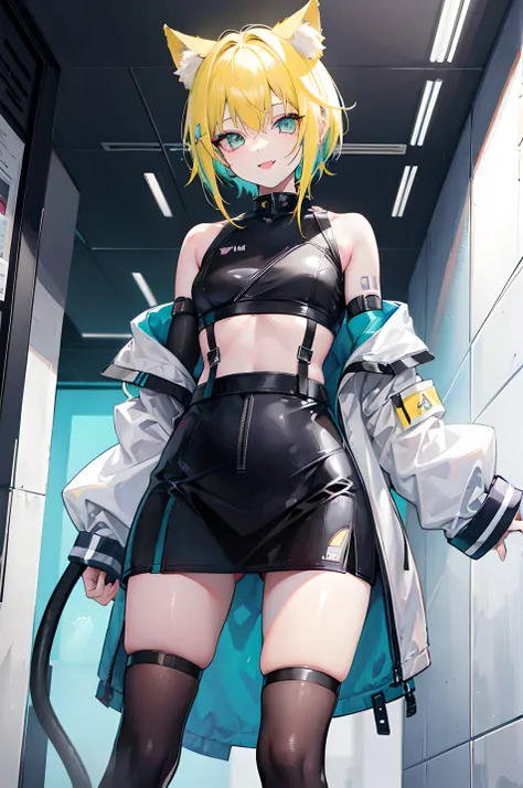 1 girl, pastel colours, yellow hair strokes, Cyan eyes, Short Hair Hair, Small cat ears, Cyberpunk clothes, A lot of hairpins on the hair, Shoulders open, Hands open, skinny waist, Happy smile with long tongue sticking out, Long tongue, full length, legsup...