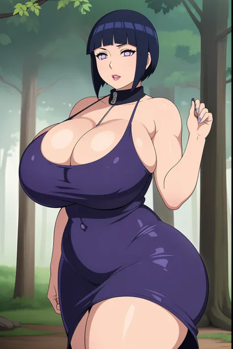 hinata hyuuga, 1girl, ((bimbo))), short blue hair, puffy lips, painted lips, thick lips, wide hips, thick thighs, enormous round...