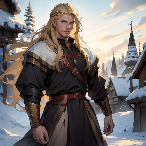 Viking King. Beautiful Long Blonde Hair. Medieval art. Snowy Background