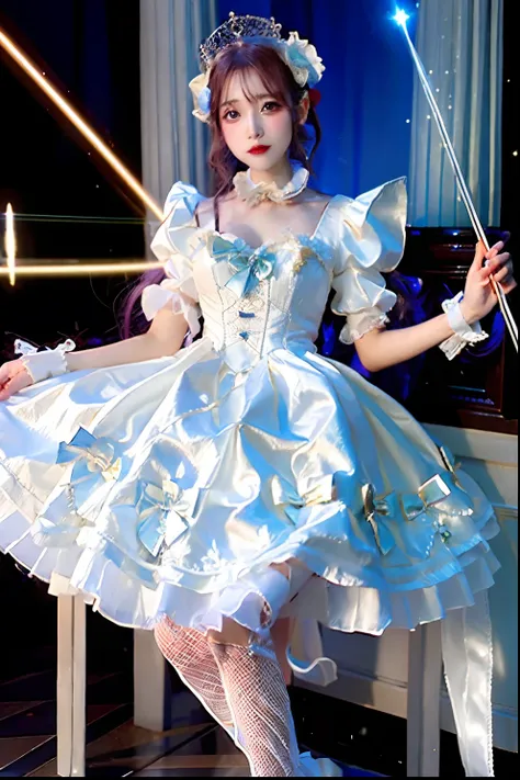 White satin dress with cane and crown arafe, fantasy dress, magical dress, dreamy style, very magical and dreamy, Lolita Fashion, ethereal fairy tale, fairycore, fantasy outfit, wearing fantasy formal clothing, angelic pretty, dreamy and detailed, Lolita s...