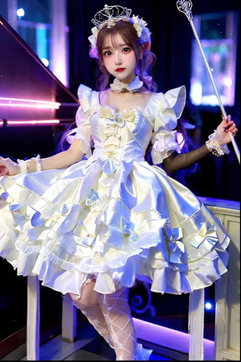 White satin dress with cane and crown arafe, fantasy dress, magical dress, dreamy style, very magical and dreamy, Lolita Fashion, ethereal fairy tale, fairycore, fantasy outfit, wearing fantasy formal clothing, angelic pretty, dreamy and detailed, Lolita s...