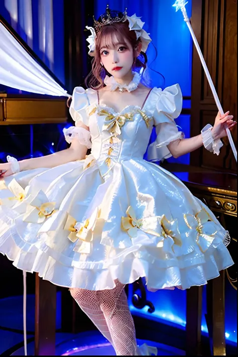 white satin dress with cane and crown arafe, fantasy dress, magical dress, dreamy style, very magical and dreamy, lolita fashion...