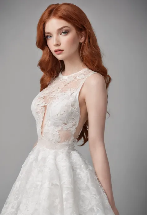 Mulher 18 anos, jovem ruiva de cabelos extremamente longos, fofa, supermodelo, com vestido de casamento branco. Foto de corpo inteiro.